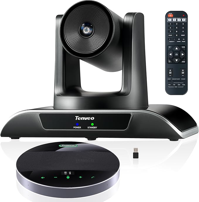 Tenveo 3X Optical Zoom 1080P 60FPS PTZ Conference System with 93°Wide-Angle Lens and MagiCall Bluetooth Speakerphone, Video Output via USB 3.0/HDMI/RS485/RS232, Ideal for Large Meetings