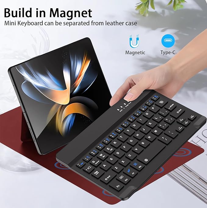 voppton for Samsung Galaxy Z Fold 7 6 5 Keyboard and Mouse, Portable Mini 7.9 inch Bluetooth Keyboard with Leather Case and Capacitive Pen, 4 in 1 Set for Z Trifold Fold7 Accessories