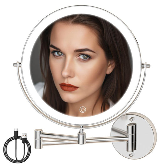 BATUSO 8.5 Inch Wall Mounted Lighted Makeup Mirror, 1X/10X Magnifying Mirror with 19.7 Inch Extended Arm, 3 Color Lights Touch Dimmable, 360 Rotation, 2000mAh Rechargeable Bathroom Vanity Mirror Round