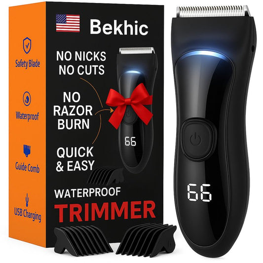 Bekhic Manscape Groin & Body Hair Trimmer for Men – Waterproof Pubic Hair Shaver & Ball Groomer with LED Light – No-Nick Ceramic Blade, 90-Min Runtime, Cordless Wet/Dry Clipper for Sensitive Skin