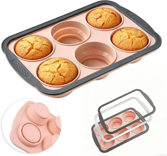 Skiennix Silicone Muffin Pan - Nonstick 6-Cavity Cupcake Mold with Metal Frame | Dishwasher Safe