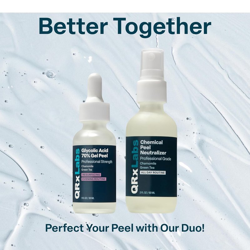 QRxLabs 70% Glycolic Acid Gel Peel & Neutralizer Set - Professional-grade skincare for acne, wrinkles, collagen boost - 1 fl oz & 2 fl oz bottles
