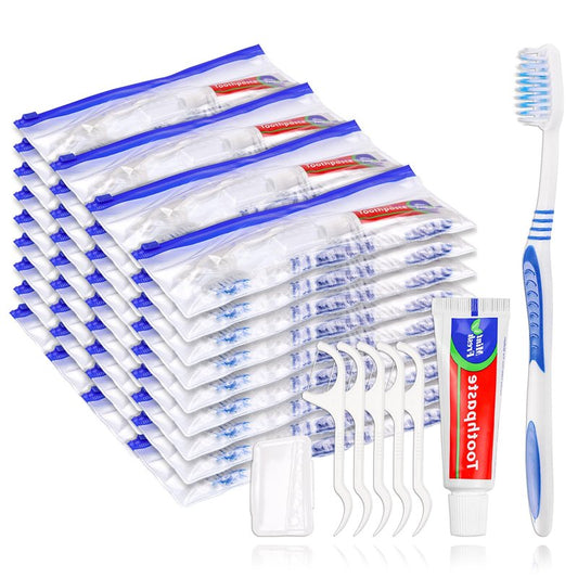 SLequipo 30 Disposable Toothbrushes with Toothpaste Set, Travel Kit Plastic Zip Bag,Toothbrush Head Cover, Bulk Toothbrush for Homeless,Travel,Hotel,Guest