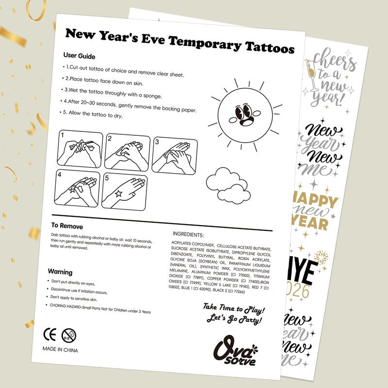 Ovasorve New Years Eve Party Supplies 2026 Temporary Tattoos 40 Gold Silver Foil Styles NYE Party Favors Happy New Years Decorations 2026 NYE Decor