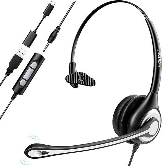 Wantek Headset wtih Mic, USB Headset with Microphone for PC, Computer Headset with Noise Canceling Microphone with Mute for Home Office Online Skype Zoom Meetings