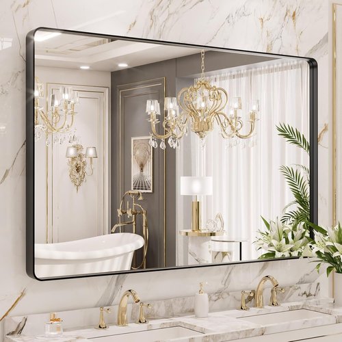LOAAO Black Metal Framed Bathroom Mirror - 55X36 Inch Large Rounded Rectangle, Anti-Rust Tempered Glass
