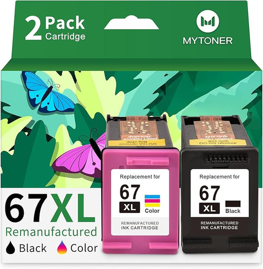 MYTONER 67XL HP Printer Ink Replacement for HP Ink 67 Black/Color Combo Pack HP 67XL for DeskJet 6055e 2755e 2855e 2800e 4155e 2700e 2700 Envy 6000 6400 Envy Pro 6458 Printer Ink HP 67 (2 Pack)
