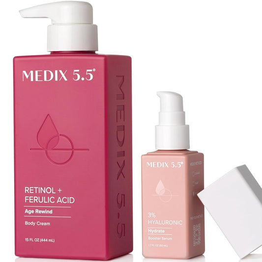 MEDIX Retinol Body Lotion + 3% Hyaluronic Acid Booster Serum Moisturizer 2PC Skin Care Set | Crepey Skin Care Treatment | Retinol Body Cream Targets Appearance Of Sagging Crepe Skin & Wrinkles, 2PC