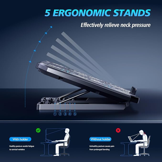 AIMIUZI Laptop Cooling Pad,Gaming Laptop Cooler with 5 Quiet Fans for 12-15.6 Inch,Laptop Cooling Stand with 5 Height Adjustable,2 USB Ports, Phone Stand