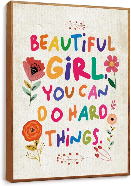 YEOION Inspirational Wall Art - Beautiful Girl You Can Do Amazing Things | Canvas with Metal Frame for Bedroom Decor