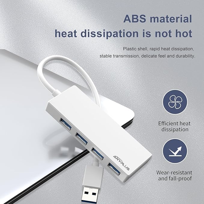 ANYPLUS USB 3.0 Hub, Portable Slim USB Hub Adapter, 0.8 ft Multiple USB Splitter, USB Extender for PC, Laptop, iMac, Surface Pro, MacBook, Mac Pro, Flash Drive, XPS, Mouse, HDD【White】