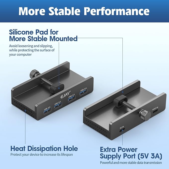 EJAY Clamp USB 3.0 Hub for Desk & Monitor, 4-Port 5Gbps High-Speed Under Desk USB Hub with 59in Extra Long Data Cable, Aluminum Multi Port Splitter for PC, Mac, Laptop, Black