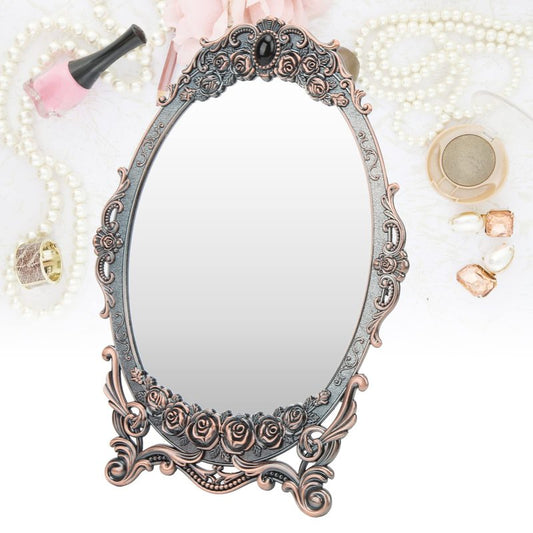 HEEPDD Cosmetic Mirror 11x7.9 Inch Oval Copper Finish Vintage Rose Embossed Stand for Precise Makeup Application in Dim Lighting 360 Degree Adjustable Viewing Angle for Small Vanity Spaces