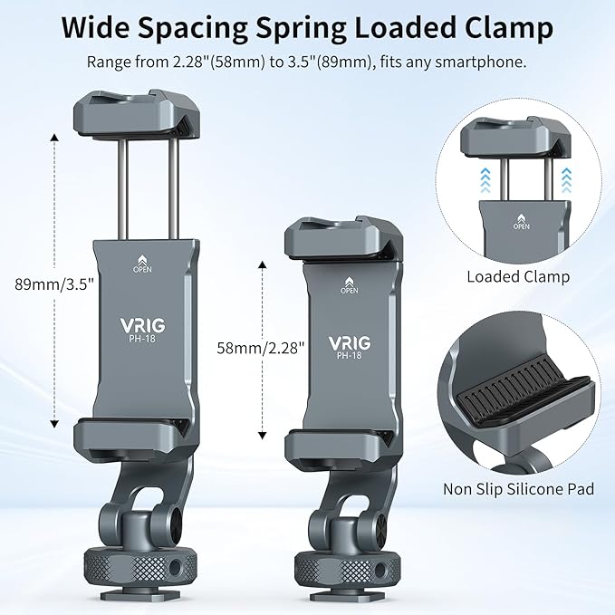 VRIG PH-18 Metal Phone Tripod Mount, 360° Phone Holder for Camera with 2 Cold Shoe Mount & 1/4" Screw Holes Compatible with iPhone Samsung for Vlog Live Stream Video Recording