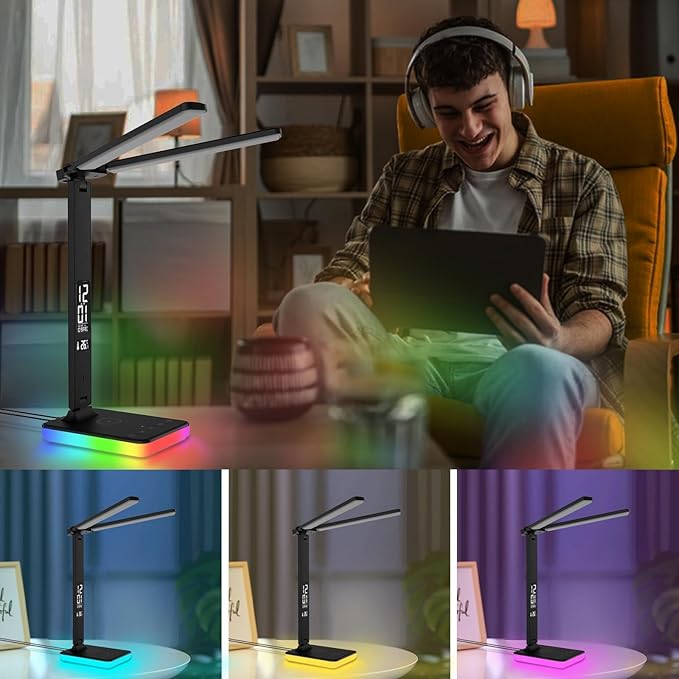 oviouit LED Desk Lamp with Charger, USB Charging Port, Dual Swing Arm Desk Light with 5 Brightness, 3 Colors, Table Lamp with Clock, Alarm, Date, Temperature, Desk Lamp for Home Office Study (Black)