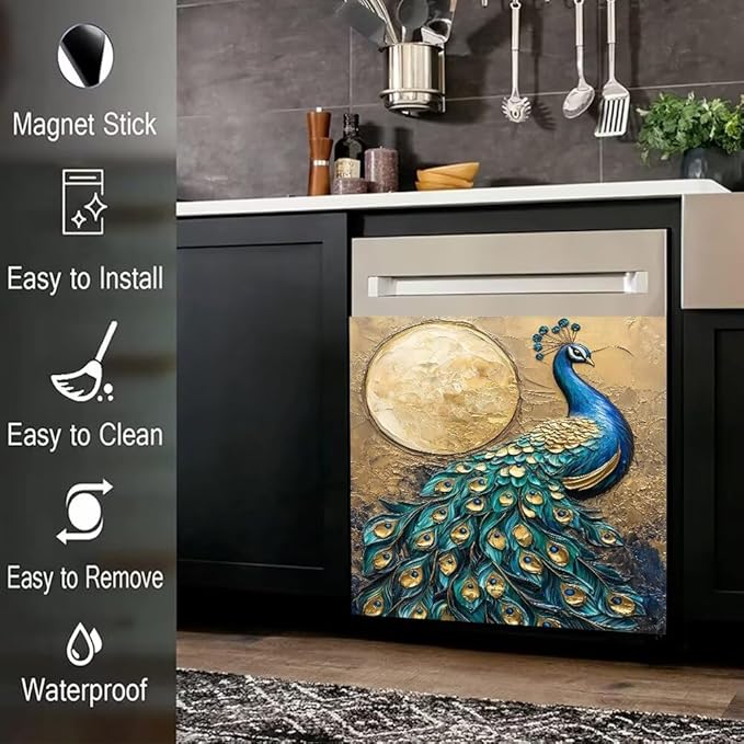 Peacock Kitchen Decor Dishwasher Magnet Cover Decal, Moon Magnetic Dish Washer Panel Door Vinyl Sticker, Refrigerator Magnets,Easy to Clean, 23 x 26 inch