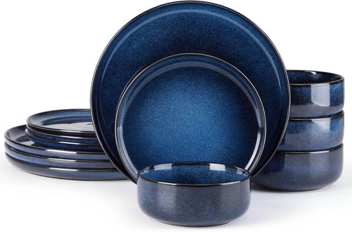 E-far Dinnerware Set - 12-Piece Stoneware Plates & Bowls | Microwave & Dishwasher Safe - Deep Sea Blue