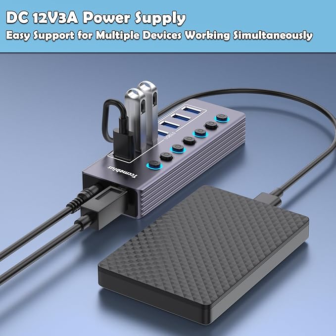 Tccmebius Powered 7-Port USB 3.0 Hub, USB C to 7 Ports USB Data Hub Splitter with Individual LED On/Off Switche, 3.3FT Cable, 12V/3A Power Adapter, for Laptop MacBook Pro/Air PC (Aluminum Gary)