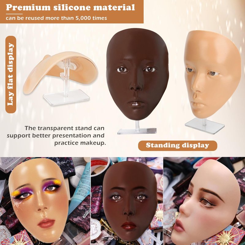 Penugo Makeup Mannequin Face Kit, Silicone Face for Makeup Practice Full Face for Must Haves, Mannequin Eye Face for Makeup Practice with Makeup Brushes Set & Eye Shadow & Eyebrow Pencil(Wheat)