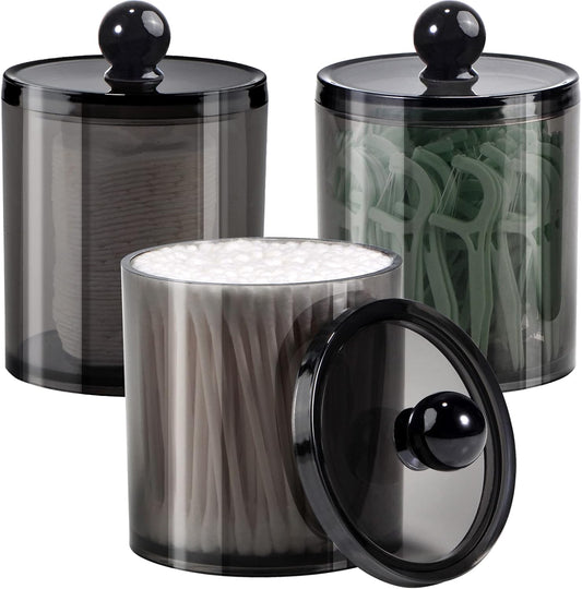 SheeChung Qtip Holder Set - 3-Pack Black Plastic Dispenser with Lids | Minimalist Bathroom Organizer