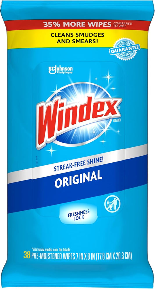 Windex Wipes - Pre-Moistened Glass & Surface Cleaning Wipes | Original Scent, 38 Count