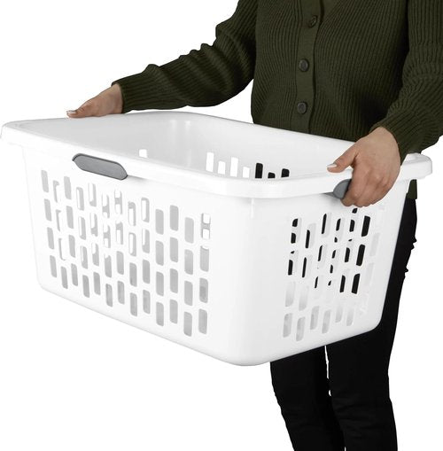 Large Plastic Laundry Basket - 4 Comfort Grip Handles, 2 Bushel Capacity | White