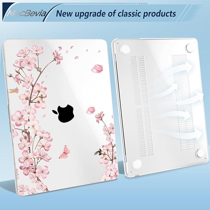 MecBevia Compatible with 2026 M5 MacBook Air 15 inch Case, 2026 2025-2023 M5 A3448 M4 A3241 M3 A3114 M2 A2941, Keyboard Cover, Screen Protector, Webcam Cover & Type-C OTG, Butterflies Sakura