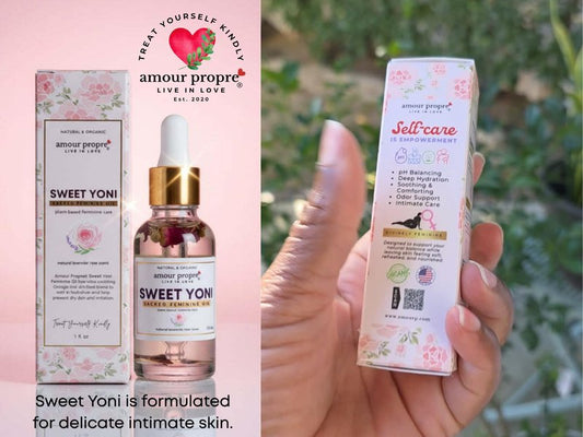 Amour Propre® Sweet Yoni - Sacred Feminine Oil | 1oz | Eliminates Odor, Restores PH Balance, Heals and soothes, Organic, Herbal Yoni Blend Made with Lavender, Rose & Chamomile Oils