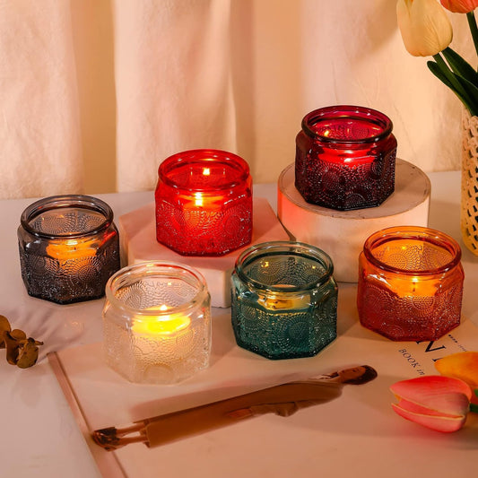 Skiennix Set of 6 Glass Tea Light Candle Holders - Colorful Votive Centerpieces for Weddings & Parties