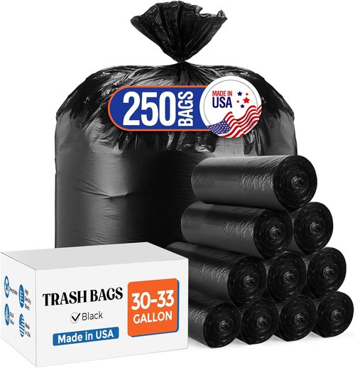 Delxo 30-33 Gallon Trash Bags - Thick, Durable & Puncture-Resistant | 250 Count, Made in USA (Black)