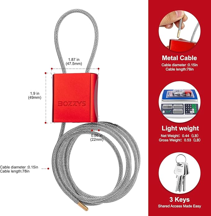 BOZZYS Cable Lock with 3 Keys | L 6.56ft(2m),D 1/6in(4mm) Adjustable Steel Cable Padlock | Aluminum Locks for Bikes, Gate, Lockers & Outdoor Gear | Weatherproof & Red