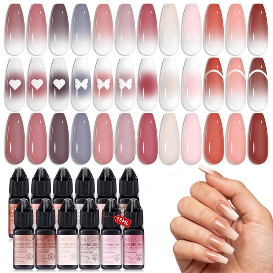 SAVILAND Dilution-Free Airbrush Gel Polish: 12PSC Chic Cappuccino Colors, HEMA & Acetone Free, Salon-Quick 30% Faster, Anti-Clog Tech, 4-Week Wear for Ombre Gradient & French Tips Salon Party