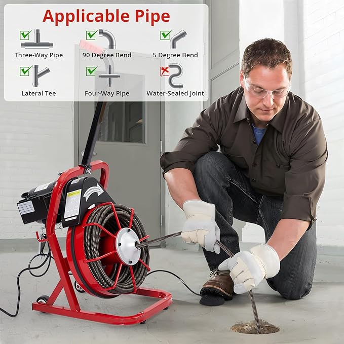 75 ft 1/2 in Electric Drain Cleaner Machine Auto Feed Drain Auger for 1 to 4 in Pipes Professional Sewer Snake with 4 Cutters Gloves Heavy Duty Clog Remover
