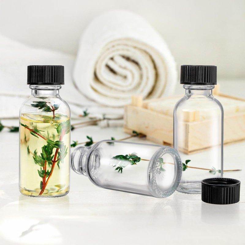 Bekith 30 Pack Boston Round Glass Bottle with Black Cap, 1 oz (30ml) Clear Glass Bottles Small Travel Bottle for DIY Essential Oils, Perfumes, Whiskey and Juices