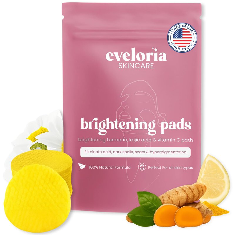 Eveloriaâ¢ Turmeric & Kojic Acid Toner Pads for Face â Brightening & Dark Spot Toner Pads with Vitamin C â Exfoliating Facial Toning Pads for Pore Minimizing, Uneven Tone & Acne Prone Skin (30 Pads)