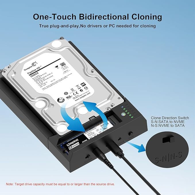 Cysslogy Dual-Bay Hard Drive Docking Station M.2 NVME+ SATA SSD/HDD Enclosure with Offline Clone, USB-C 10Gbps Hard Drive Dock, Tool-Free Design for Windows/Mac/Linux