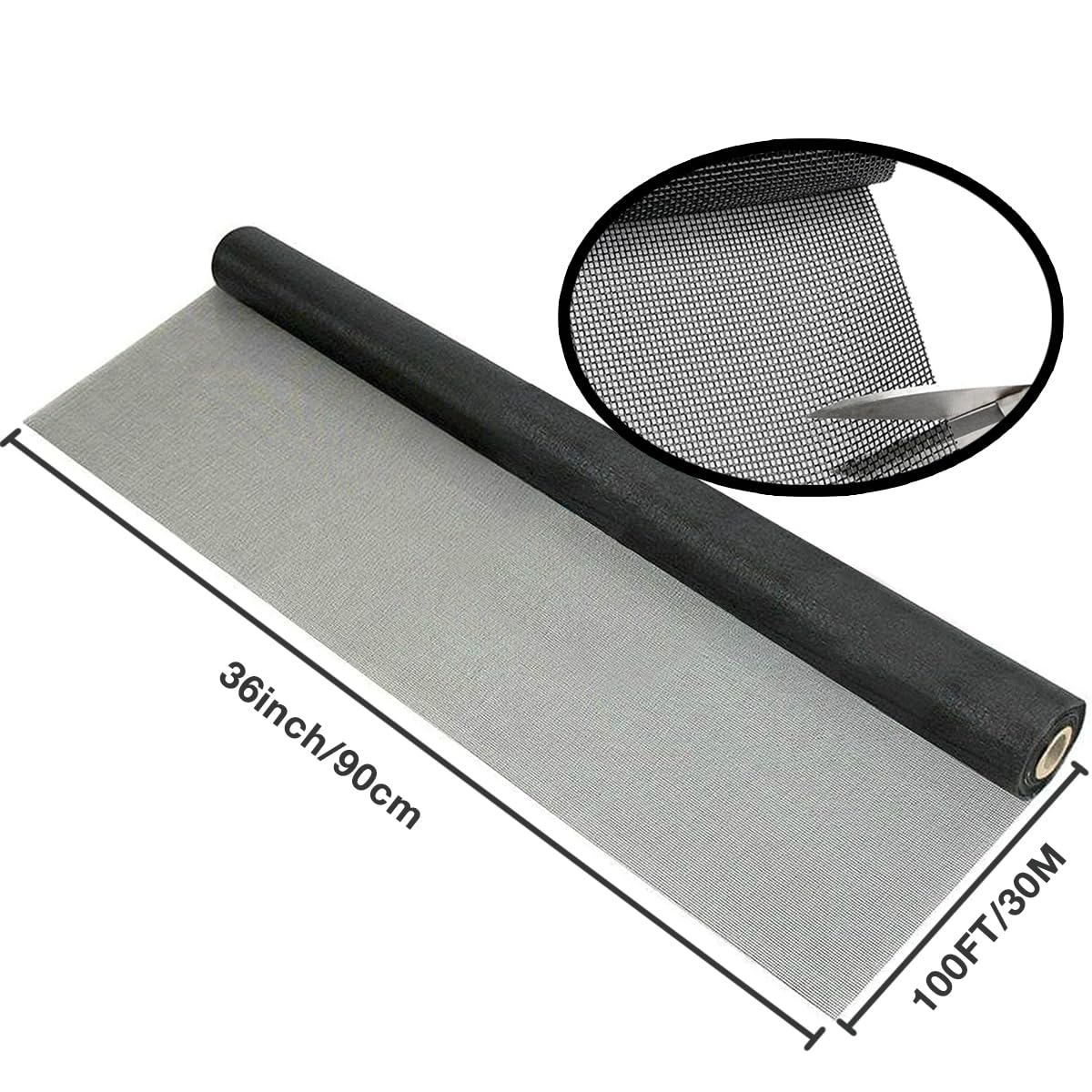 36IN*100FT Window Screen Mesh,Fiberglass Screens Roll,Pet Proof Window Screen Replacement,DIY Screening Mesh Netting for Windows, Door, Pool, Porch,Patio -Black (90cm*30m)