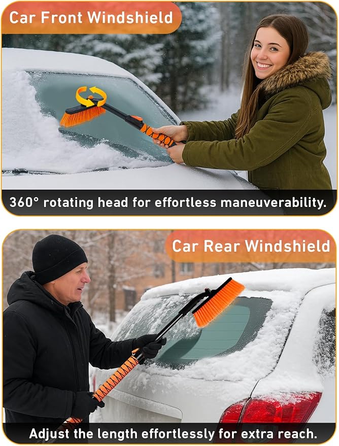 EcoNour 44.7" 3 in 1 Snow Brush for SUV, 360Â° Pivoting Extendable Long Snow Brush for Car, Snow and Ice Scrapers for Windshield with Ergonomic Foam Grip for Car Truck SUV, Winter Car Accessories
