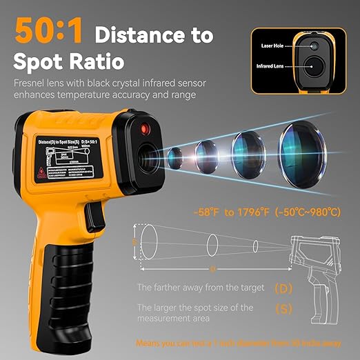 MOONASCEND Infrared Thermometer Temperature Gun -58°F to 1796°F, 50:1 Dual-Mode Temp Guns with K-Type Thermocouple for Internal Readings, HVAC Contactless Lazer IR Thermometers for Home & Industry