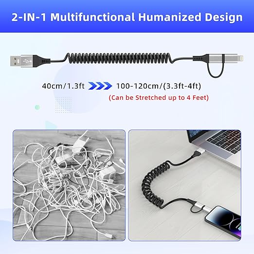 USB to USB-C and Lightning Cable 2 in 1 Coiled Cable Support Carplay & Android Auto [MFi & 3A Fast Charge & Data Sync] Coiled Lightning and USB C Cable for iPhone 17/16/15/14/13/Android, Silver