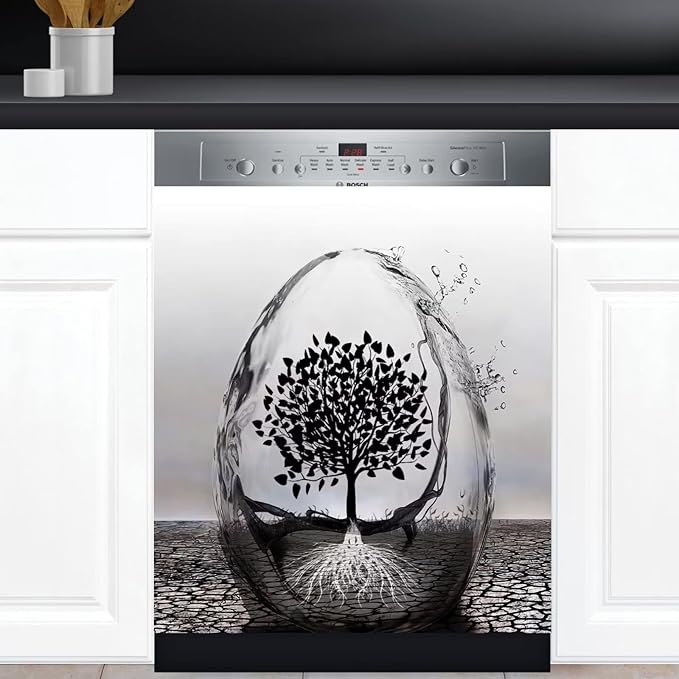 Wine Glass and Tree of Life Art Decoration Dishwasher Cover Black Abstract Decal Magnetic Cover for Dishwasher Front Door 23x17inch Magnet Sticker Kitchen Dishwasher Decor Panel