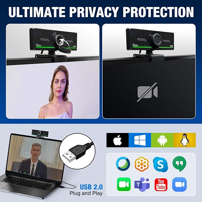 Gsou 1080P Webcam with Mics, Auto Light Correction,USB Plug&Play,Privacy Cover, Computer camera Connect Bluetooth Headset/Earphone/Speaker, Full HD Webcam for High-End Business Meetings&Live Streaming