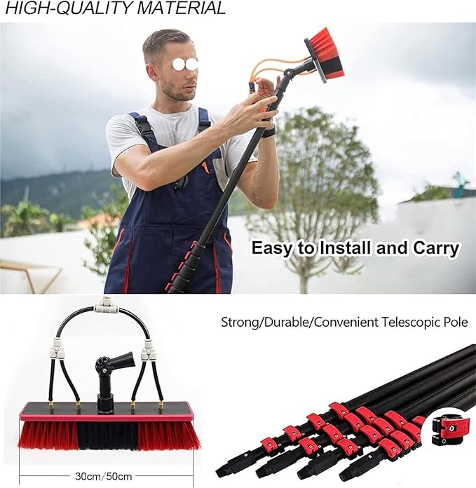 Telescopic Water Fed Pole Window Cleaner Kit, 50cm Extendable Brush & 20M Hose for Conservatory Roof Cleaning, Efficient Window Washing Tools, 9m Reach