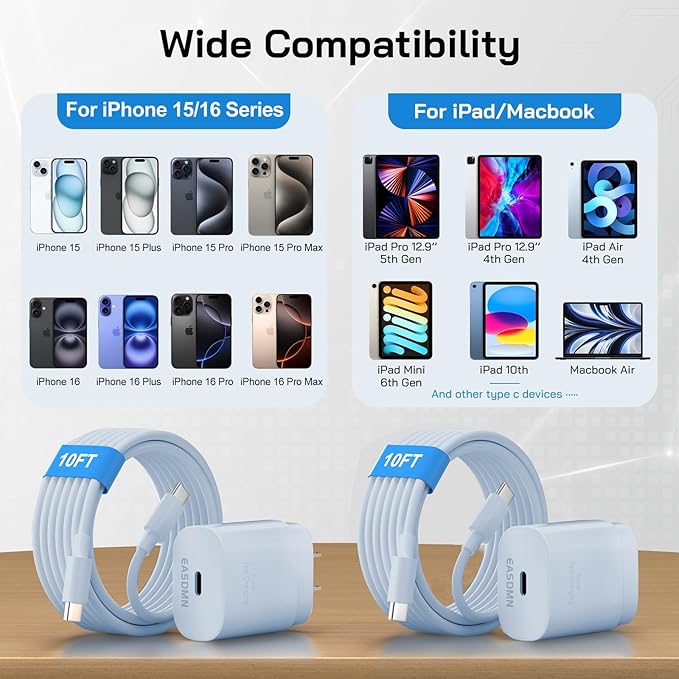 30W USB C i Phone 17 16 15 Charger Fast Charging, 2PACK Wall Charger for iPhone 16 15 Pro Max Charger Cord 10FT Fast Type C Block for iPhone 17 Pro Max/17 Air/16/15 Plus/15 Pro Max,i Pad Pro, Blue
