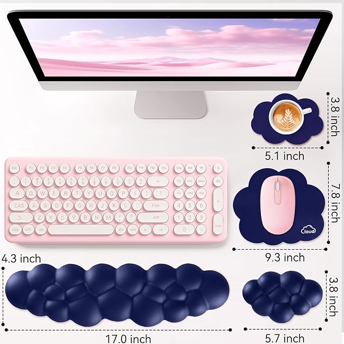 Sushret Cloud Wrist Rest for Computer Keyboard, 4-in-1 Memory Foam Leather Cloud Keyboard Wrist Rest and Mouse Pad Set with Ergonomic Support for Arm and Palm Cushion, Gaming/Work Setup, Dark Blue