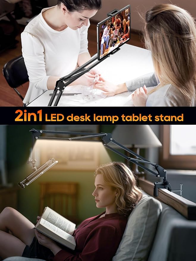 Gooseneck Phone Holder for Bed Desk, Tablet Stand Adjustable, Kindle iPad Holder for Phone Tablet Holder Mount fits iPhone Kindle 4-13" Device Valenties Day Gifts for Women (Black(with Light))