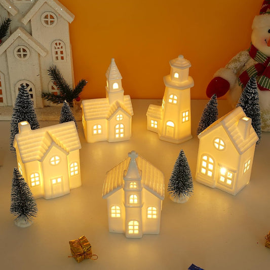 Skiennix 11 Pcs White Ceramic Christmas Village Houses - Light Up Xmas Town Decor with Timer