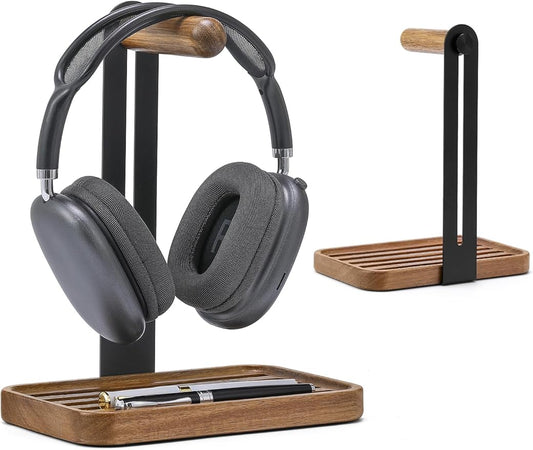 blingwider Headphone Holder For Desk,Desk Headphone Mount Rack,Headphone Stand With Storage Base,Accessories Managment,Solid Wood,Matte Black