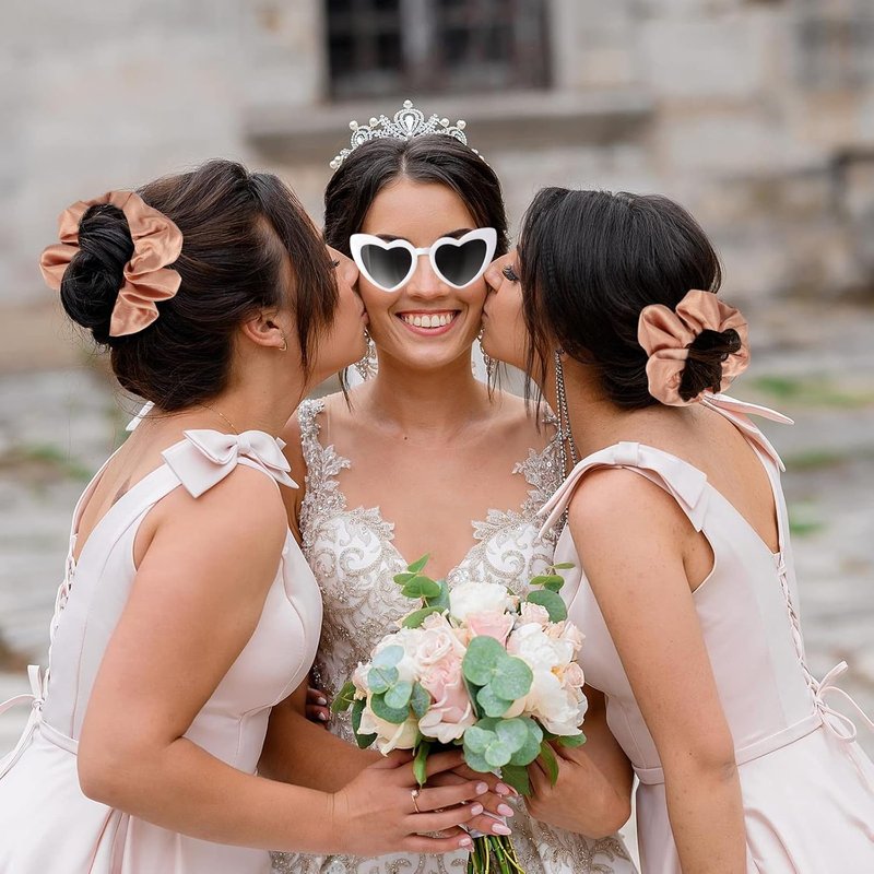 Bridesmaid Scrunchies | Set of 8 Hair Claw Clips for Bachelorette Party & Bridal Shower Gifts - 4.1 Inch, Champagne