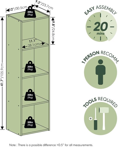 Furinno PASIR 4-Tier Modern Bookshelf - Easy Assembly Open Shelves Bookcase | Green/White, 9 x 12 x 42